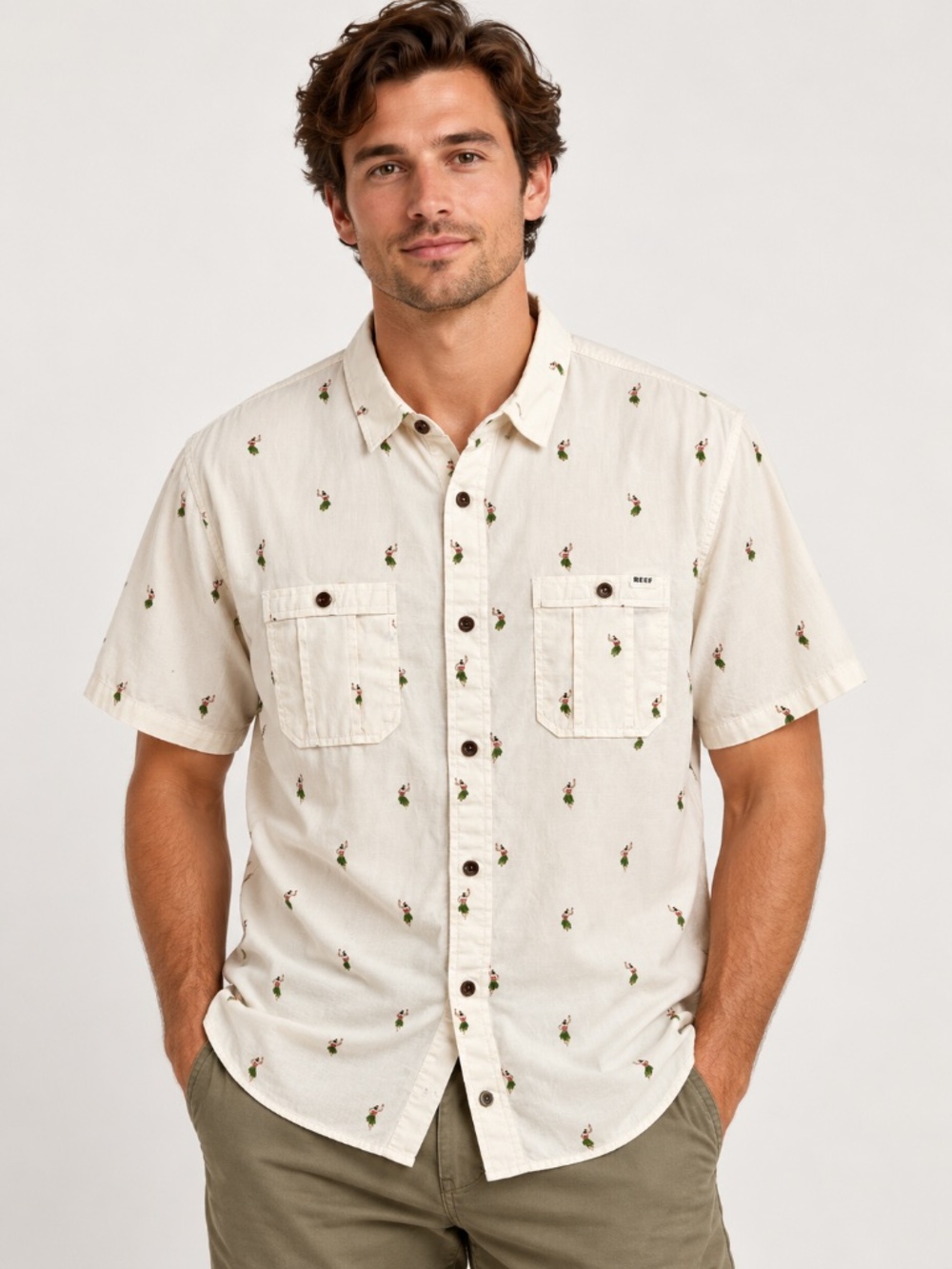 REEF Men's XL Hula Dancer Print Short Sleeve Button Down Shirt Hawaiian Aloha